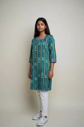 Sambalpuri Ikat Floral Peacock Teal-Odisha Handloom Kurti