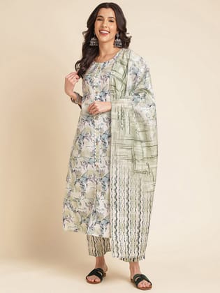 White Green Printed A-line Muslin Round Neck Kurta Set-S