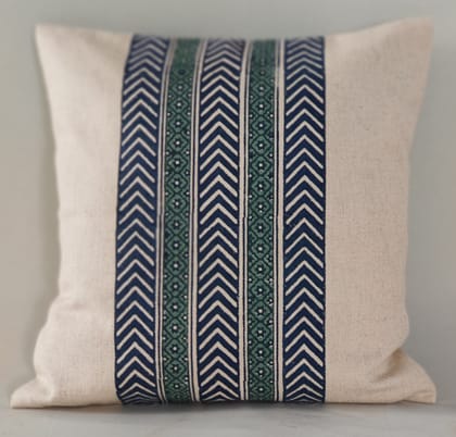 Cushion Covers _ Set of 2 Decorative Handmade Block Printed Blue and Green Cotton Herringbone_Geometric Design