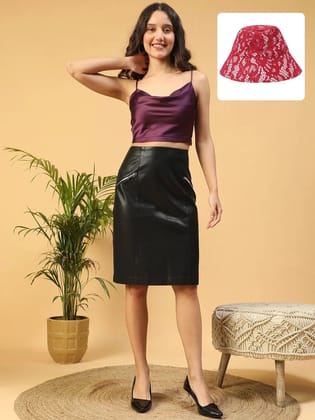 Glam Elegance: Purple Satin Crop Top & Maroon Lace Bucket Hat Set-M