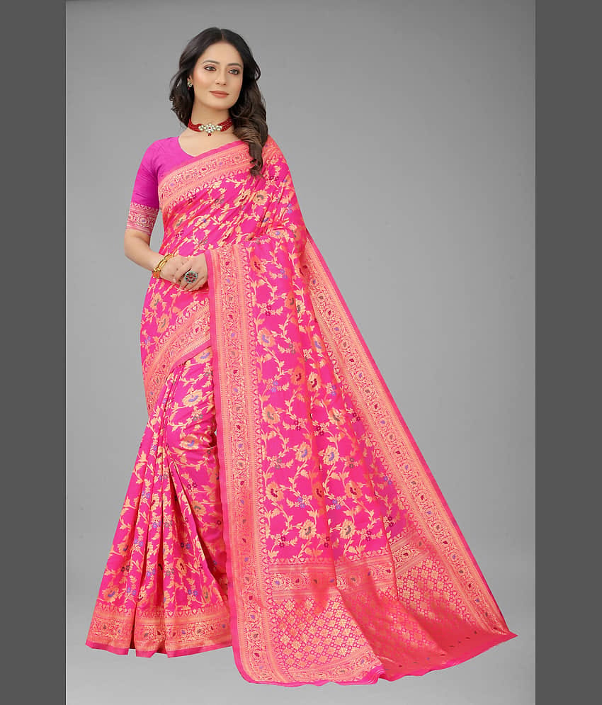 NENCY FASHION Banarasi Silk Self Design Saree With Unstitched Blouse Piece ( Pink )