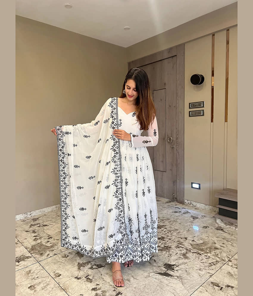 kedar fab White Anarkali Georgette Women's Stitched Ethnic Gown ( Pack of 1 )