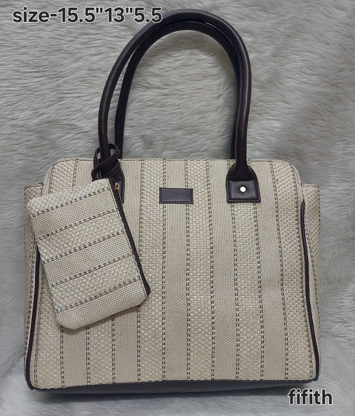 Cream Cotton Azrak Print Jute Tote Bag with Complimentary Pouch