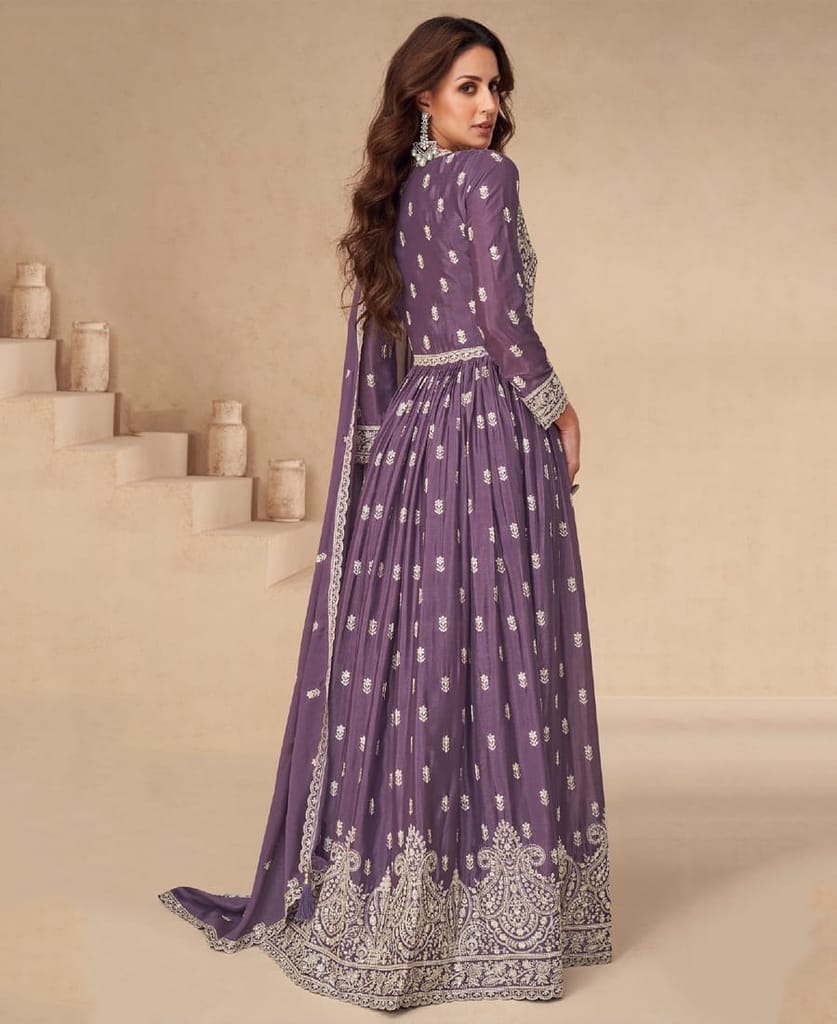 traditional front slit lilac chinon anarkali set for women