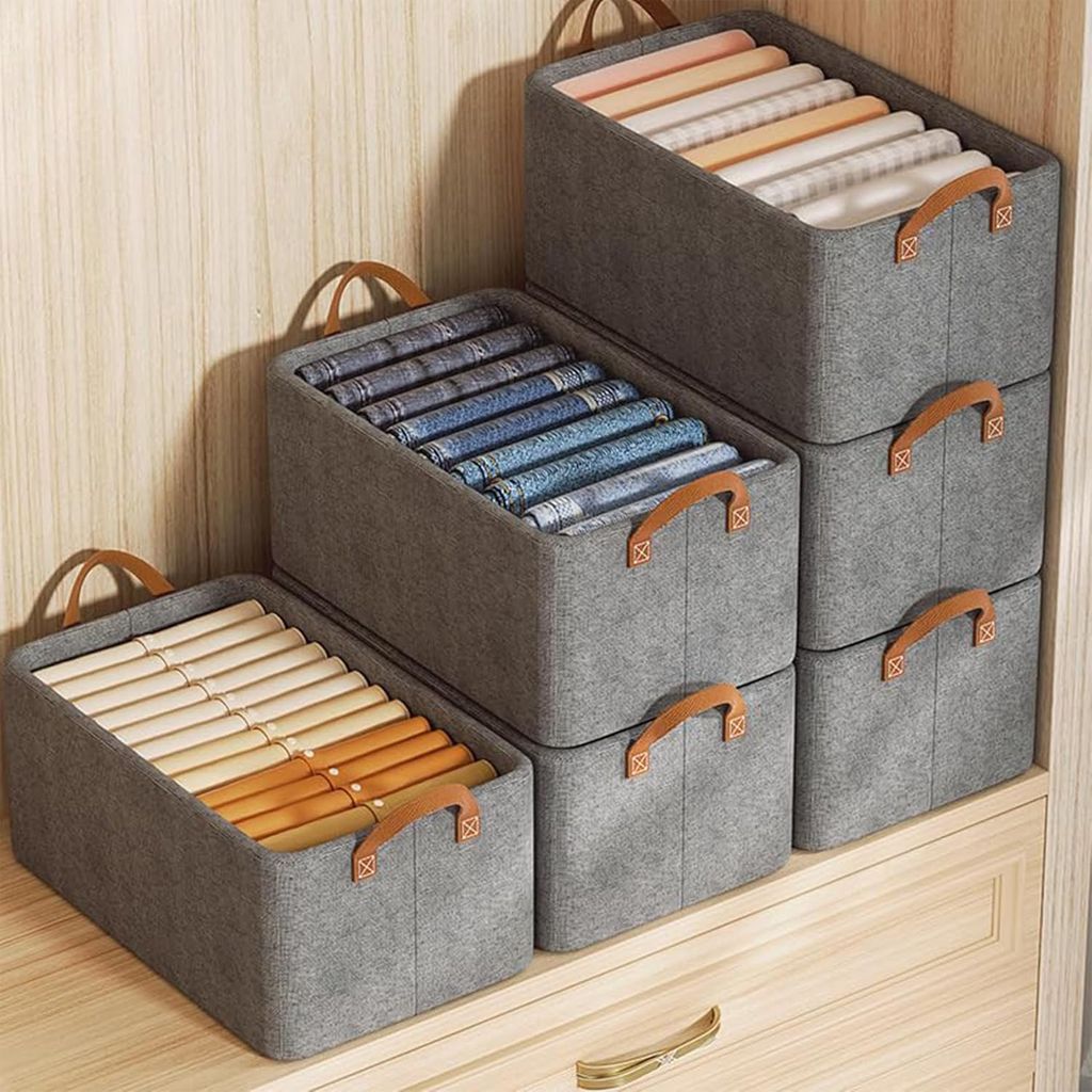 Wardrobe Organizer for Clothes with Metal Frame Rectangle Storage Baskets for Clothing Fabric Storage Box with Handles Shelf Basket for Storage Clothes Pants Jeans Sweater Pack of 2