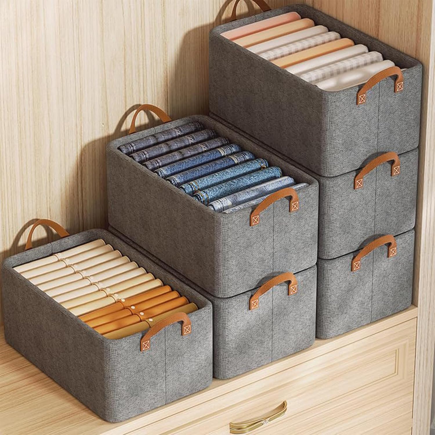 Wardrobe Organizer for Clothes with Metal Frame Rectangle Storage Baskets for Clothing Fabric Storage Box with Handles Shelf Basket for Storage Clothes Pants Jeans Sweater Pack of 2