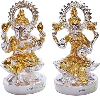 Real Seed Laxmi Ganesh Statue for Home Temple, God Idol for Pooja Room, Laxmi Ganesh Statue for Gifting, Figurine Showpiece (7.5 x 4 x 4 CMS)