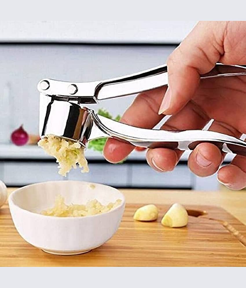 SMARTHOMEMART Garlic Crusher Presser Garlic Press Multi-Function Manual Portable Garlic Crusher Ginger Mincer Garlic Presser Curved Garlic Grinding Slicer (Silver) (Pack of 1)