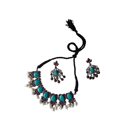 ANVAYACOLLECTIONS Oxidized Brass Necklace Set with Blue Stones, Red Accents, and Pearls � Traditional Jewelry for Women