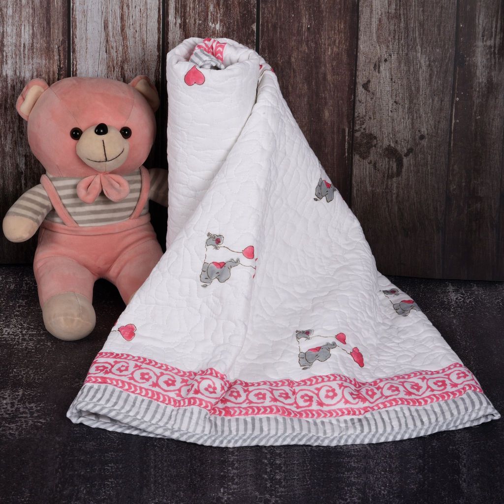 Hand Block Printed Cotton Baby Quilted blanket (Light Rajai) – Quilted, 60x40 inches (100x150 cm) Pink Grey Baby Elephant