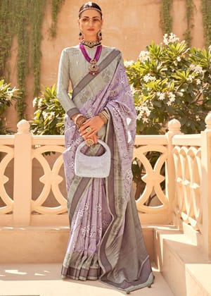 Pastel Purple Printed Raw Silk Saree