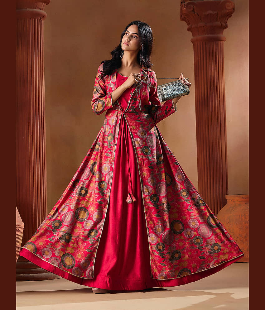 Madhuram Textiles Women Rayon Anarkali Stitched Ethnic Gown ( Pink )