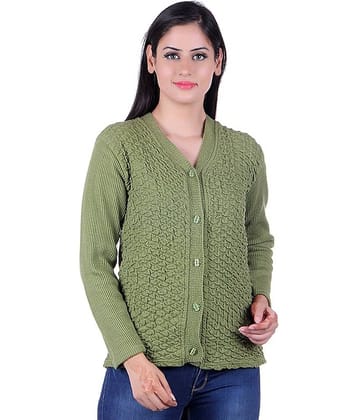 eWools.in Green Woollen Full Sleeves Buttoned Cardigan