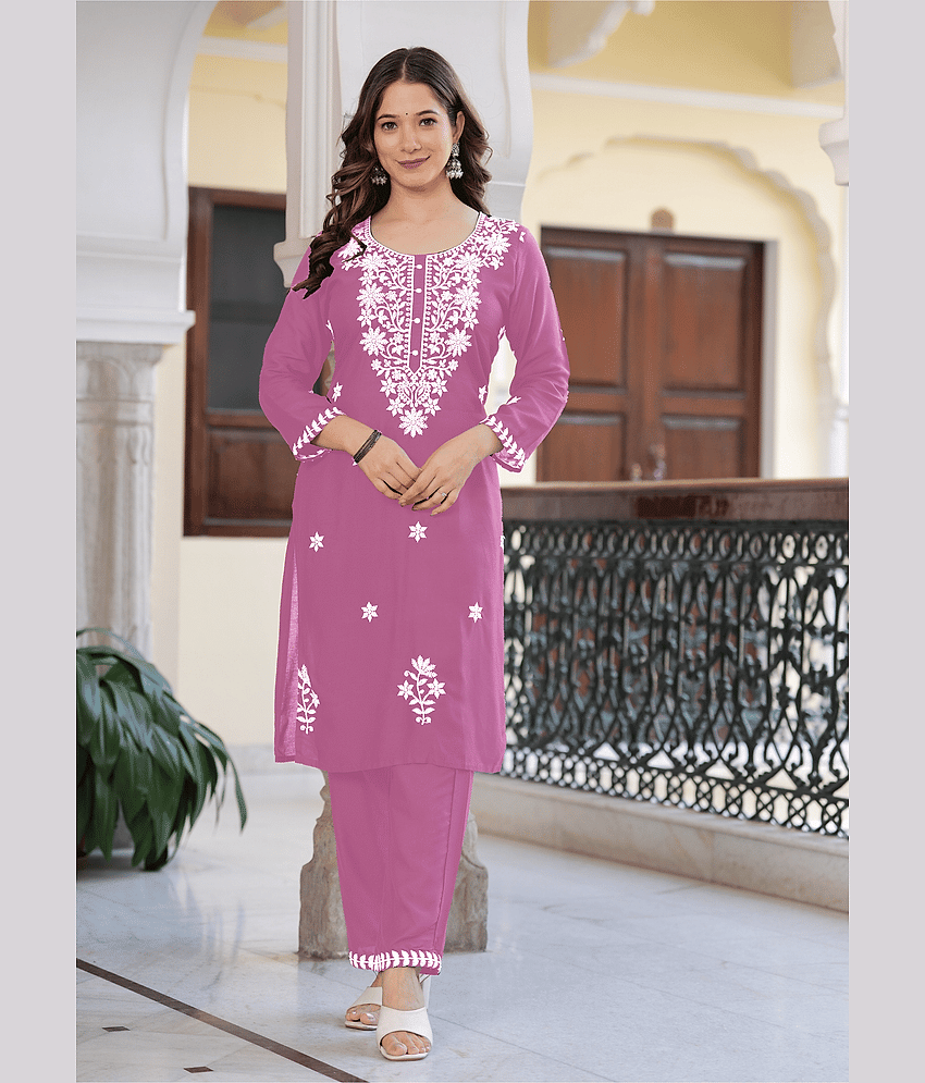 Sitaram Designer Rayon Embroidered Kurti With Pants Women's Stitched Salwar Suit - Purple ( Pack of 1 )