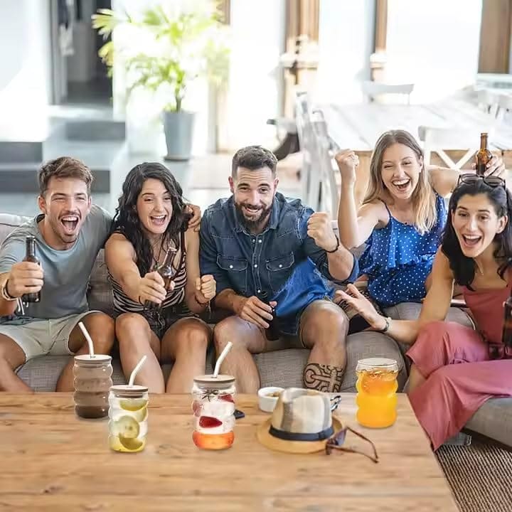 Drinking Glasses with Bamboo Lids and Glass Straw 400 ML Travel Sipper for Juice Water Smoothies Cocktail Beer Mugs Iced Coffee Milkshakes (Pack of 2)