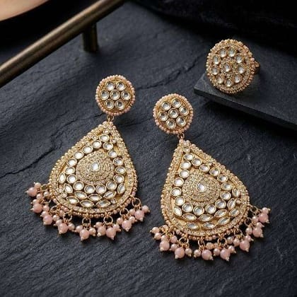 Handmade kundan chandbali with adjustable kundan finger ring