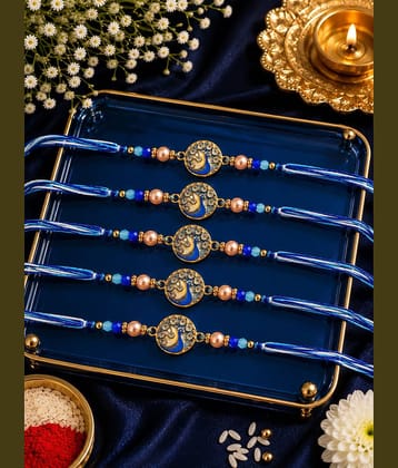 Rhosyn Religious 5 Peacock Designer Rakhis 1 Greeting Card 1 Small Roli, Chawal, Chandan & Mishri Pack Adjustable Rakhi ( Pack of 5 , Blue )