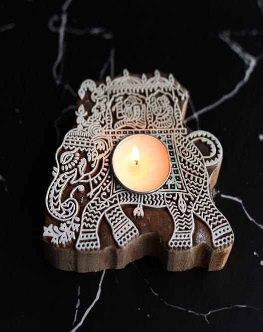 Aesthetic Living Airavat Wooden T- Light Holder (with Pack of 6 Unscented Soywax T-Candles)