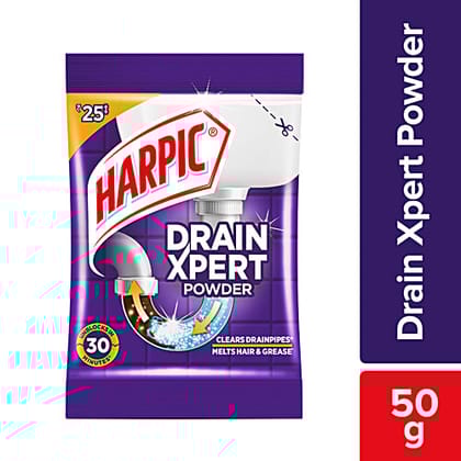 Harpic Drain Xpert Drain Cleaning Powder - Removes Blockages In 30 Mins, For Washbasins, Sinks, Bathrooms, 50 g