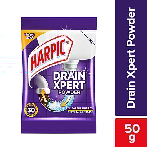 Harpic Drain Xpert Drain Cleaning Powder - Removes Blockages In 30 Mins, For Washbasins, Sinks, Bathrooms, 50 g