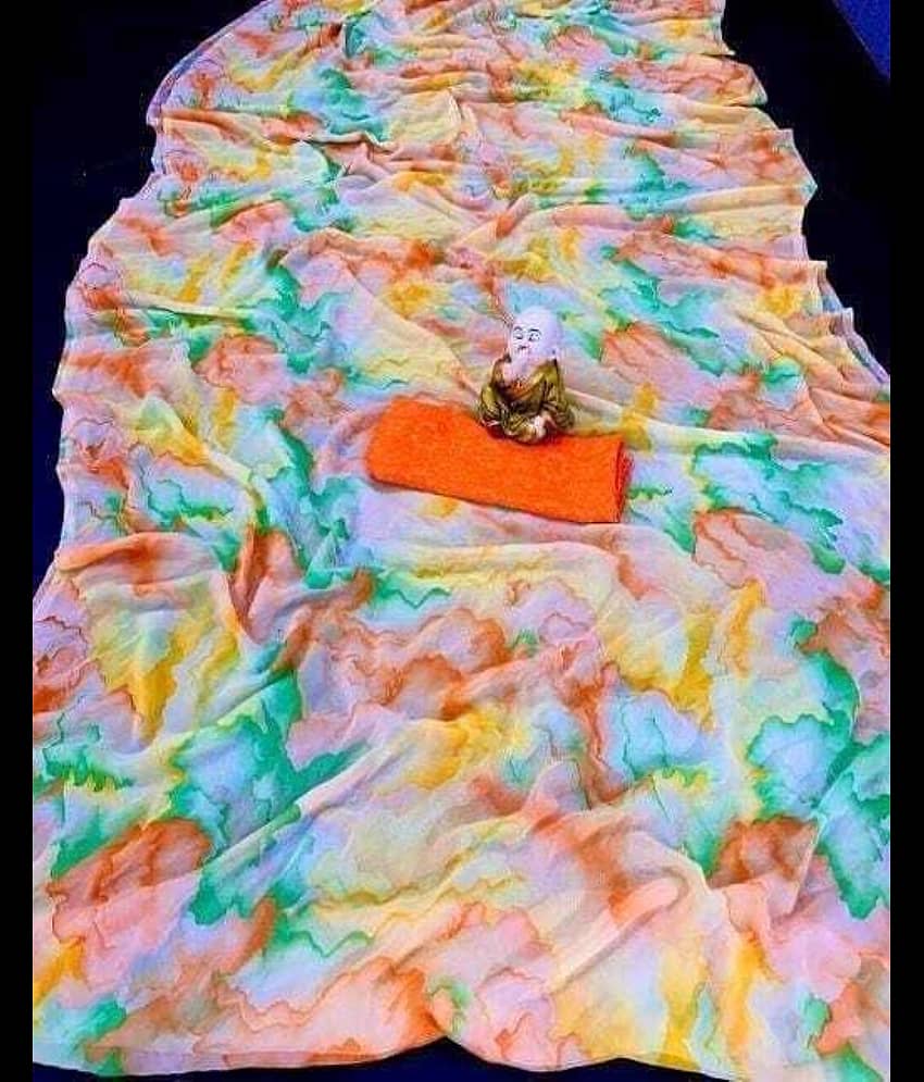JIHANA FAB Georgette Printed Saree With Unstitched Blouse Piece ( Orange )