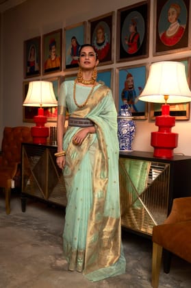 Pista Green Silk Modal Copper Zari Handloom Weaving Saree