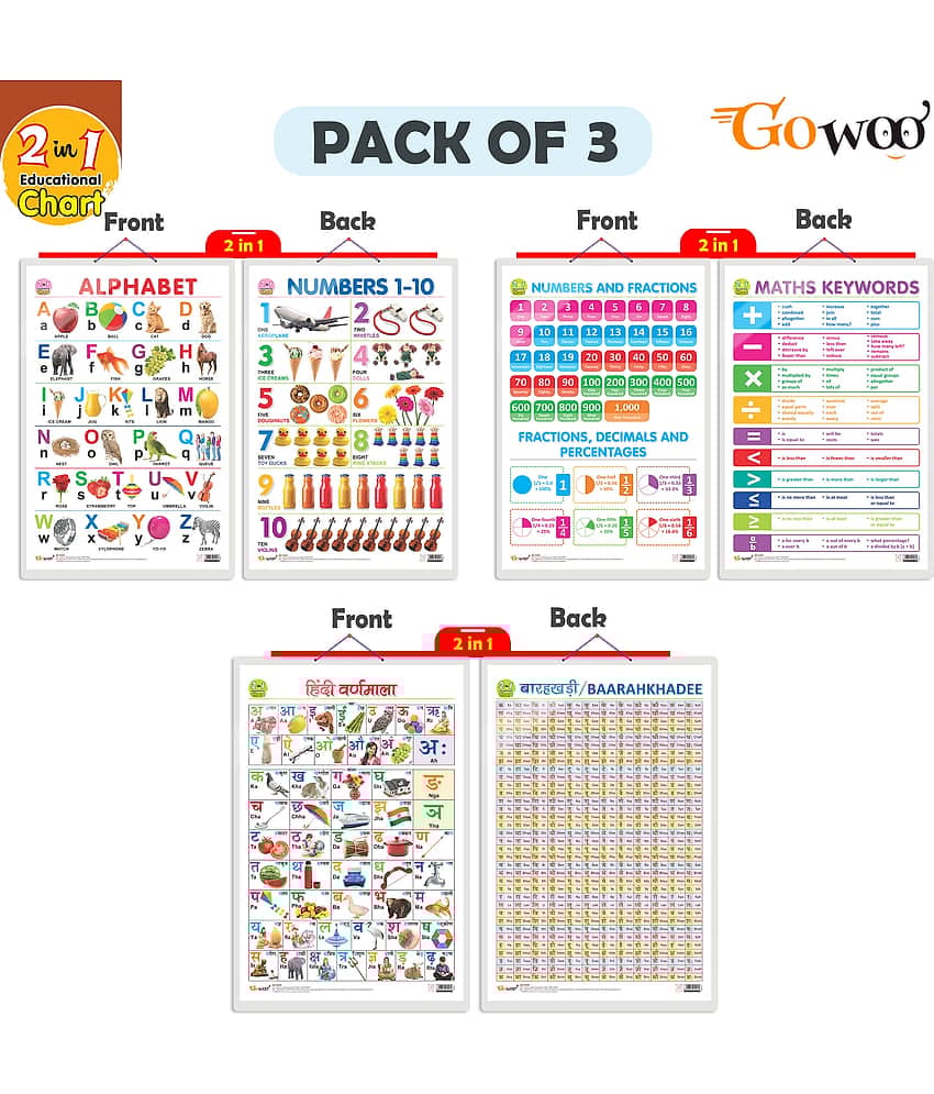 Set of 3 | 2 IN 1 ALPHABET AND NUMBER 1-10, 2 IN 1 NUMBER & FRACTIONS AND MATHS KEYWORDS and 2 IN 1 HINDI VARNMALA AND BAARAHKHADEE Early Learning Educational Charts for Kids