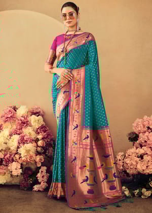 Teal Green Woven Paithani Silk Saree