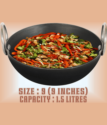 Veer Kadai Non coated Iron Deep Kadhai Heavy Bottom Stainless Steel Handle 2 mm Thickness 22 cm Diameter ( 1.5 L )