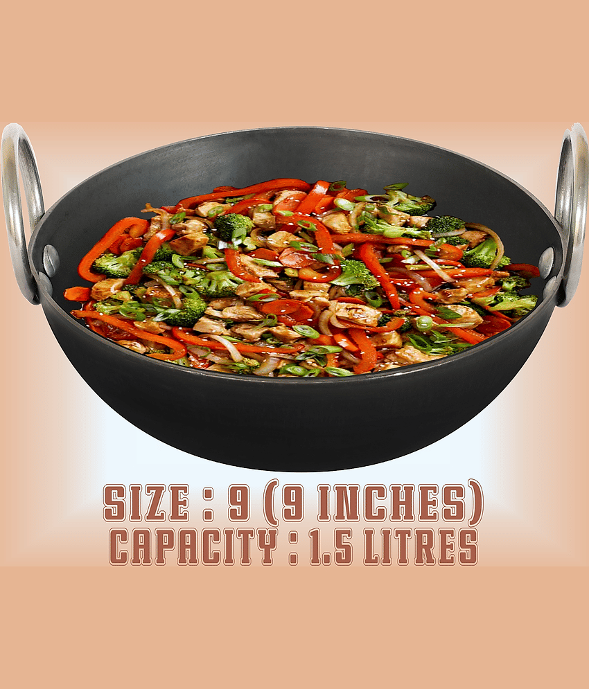 Veer Kadai Non coated Iron Deep Kadhai Heavy Bottom Stainless Steel Handle 2 mm Thickness 22 cm Diameter ( 1.5 L )