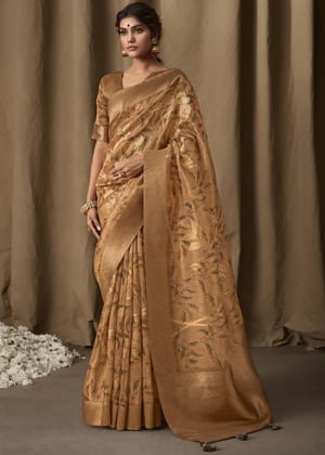 Earthy Gold Woven Banarasi Brocade Tissue Silk Saree With Floral Print