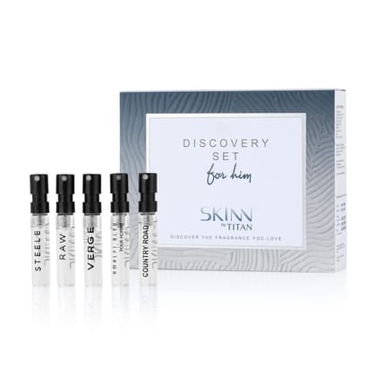 Skinn By Titan |Discovery Kit of Raw, Steele, Verge, Country Road, Amalfi Bleu (2 ml x 5) | Perfume For Man| Gift Set For Men |Long Lasting Fragrances | Fresh, Woody, Spicy |Eau De Parfum Skinn By Titan |Discovery Kit of Raw, Steele, Verge, Country Road,