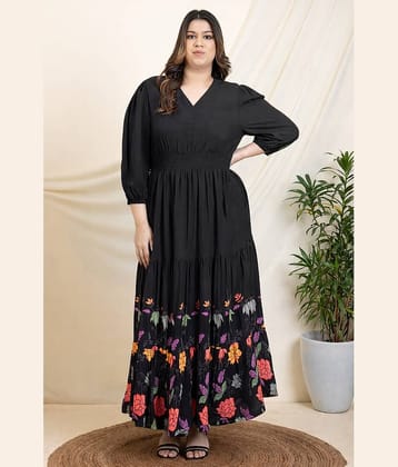 Femvy Women Crepe Printed Fit & Flare Dress ( Black )