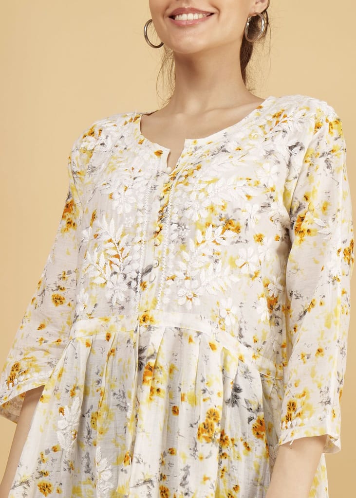 Mulmul Short Frock Style Chikankari Kurti - Floral Print Yellow