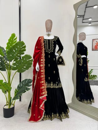 Ethenika Fine Velvet Golden Thread Embroidery work Velvet Kurti Sharara-Free Size (Alters 38-44)