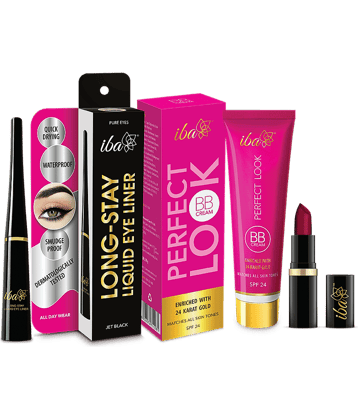 Iba Makeup Combo 2 BB CreamMedium Shade, Long Stay Eyeliner ,Ruby Touch A65 Lipstick, (Pack of 3)