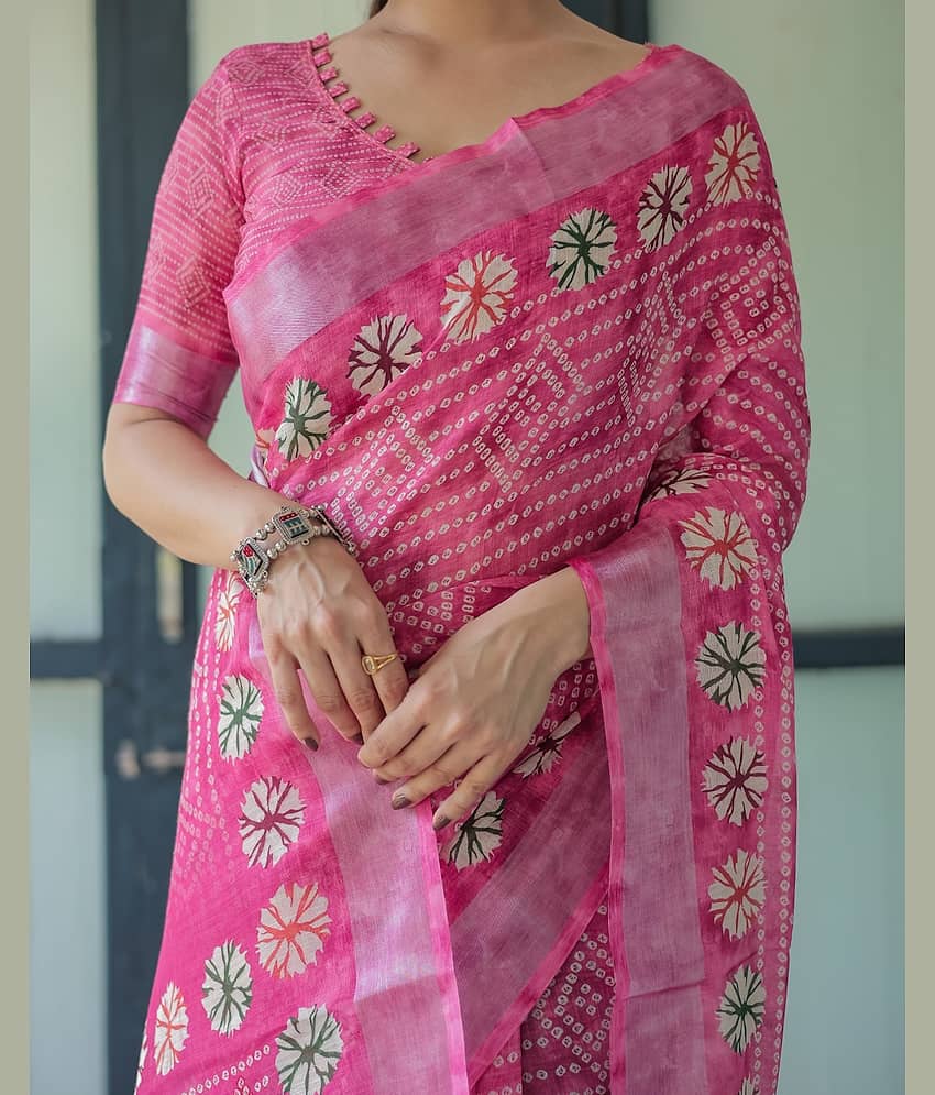 Almaari Fashion Linen Printed Saree With Unstitched Blouse Piece ( Multicolor )