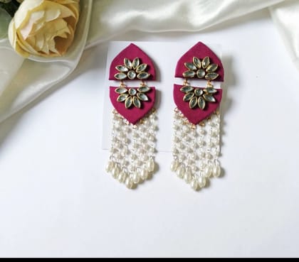 PINK FEBRIC JUMKHA EARRINGS WITH PEARLS JHOOLA AND STONES  (PACK OF 1)