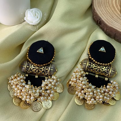 BLACK FEBRIC JUMKHA EARRINGS WITH LAXMIJI COINS, STONE AND PEARLS (PACK OF 1)