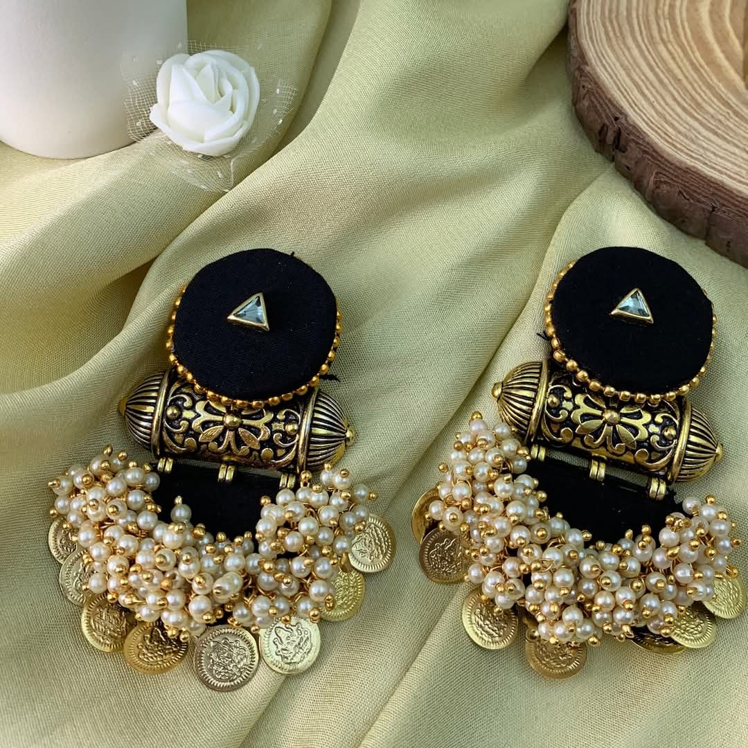 BLACK FEBRIC JUMKHA EARRINGS WITH LAXMIJI COINS, STONE AND PEARLS (PACK OF 1)