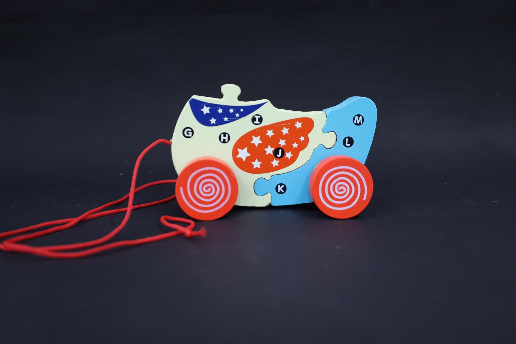 Wooden Alphabet Learning Puzzle, Educational Pull-Along Toy, Patriotic Stars Design, Red White Blue, Letters A-Z, with Wheels