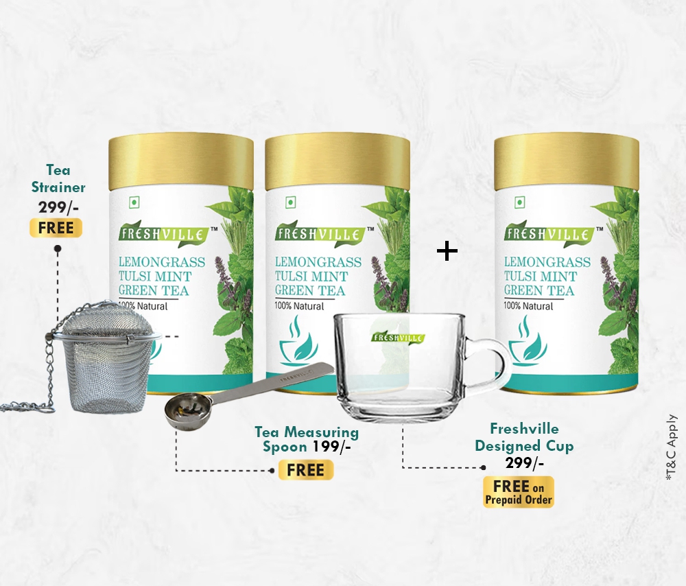 Freshville Lemongrass Tulsi Mint Green Tea | Pure & Natural | Immunity Booster | Control Cholesterol | Heart Health | Lemongrass, Tulsi leaves, Mint, Green tea Tin (50gm,100g).45 Day Pack