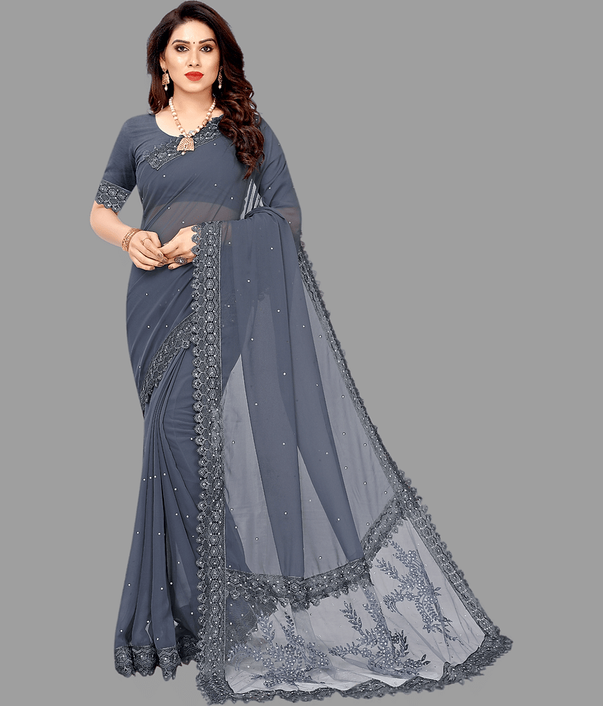JULEE Georgette Embellished Saree With Unstitched Blouse Piece ( Grey )