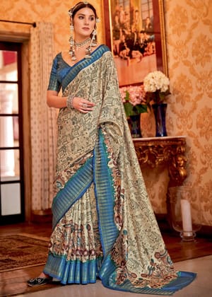 River Blue Madhubani Print soft silk saree