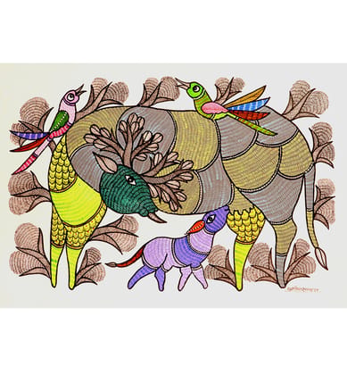 Handcrafted Gond Deer Family Painting | Traditional Tribal Art Handcrafted Gond Deer Family Painting | Traditional Tribal Art