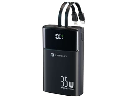 Portronics Titan 35 20000mAh Fast Charging Powerbank with in-Built Type C & 8 Pin Cable, 35W Super Fast Charging, Type C PD Output - Black