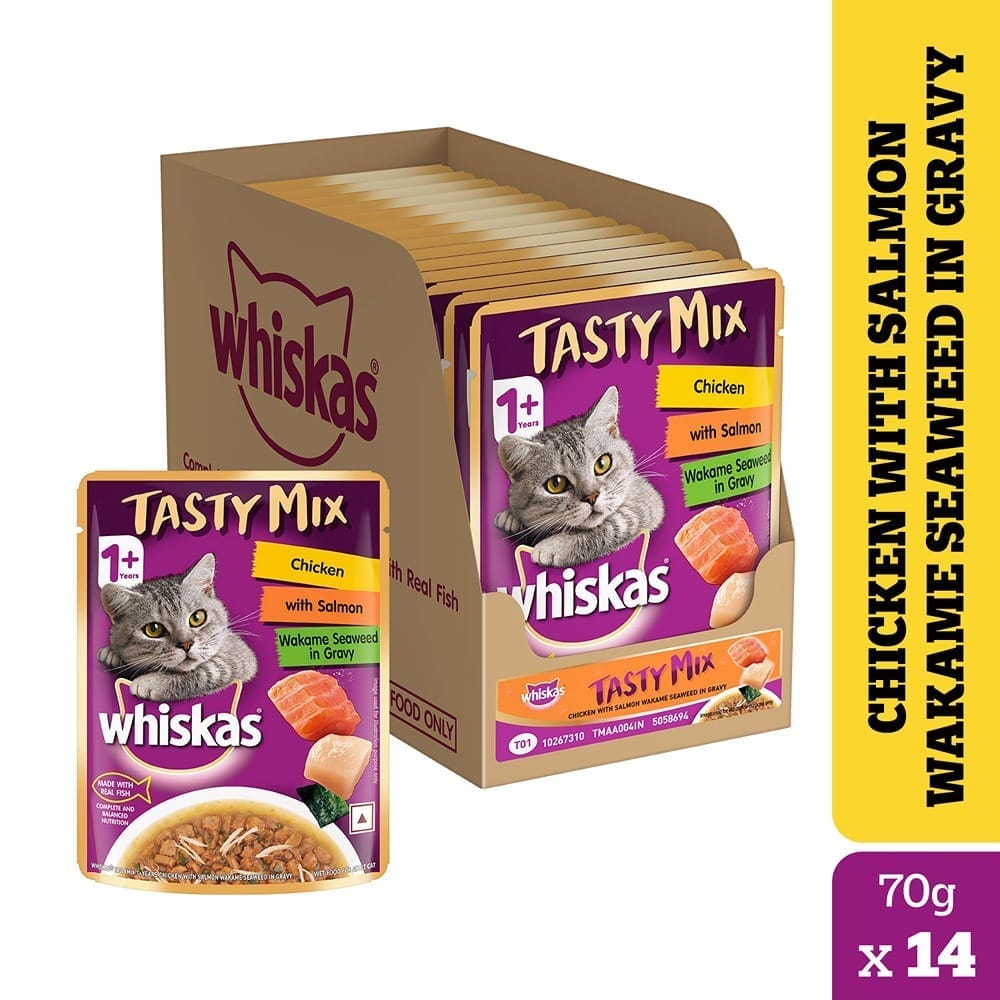Whiskas Tasty Mix Chicken with Salmon Wakame Seaweed Adult (1+ Years) Wet Cat Food (70gx14)