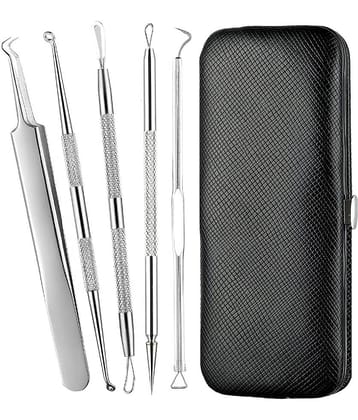 5 in 1 Stainless Steel Blackhead Remover Tool Kit with Case/Anti Slip Blackhead Tweezers Pimple Removal Tool Acne Needle Set