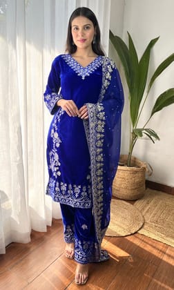 Blue Velvet Suit with Flowing Dupatta-S