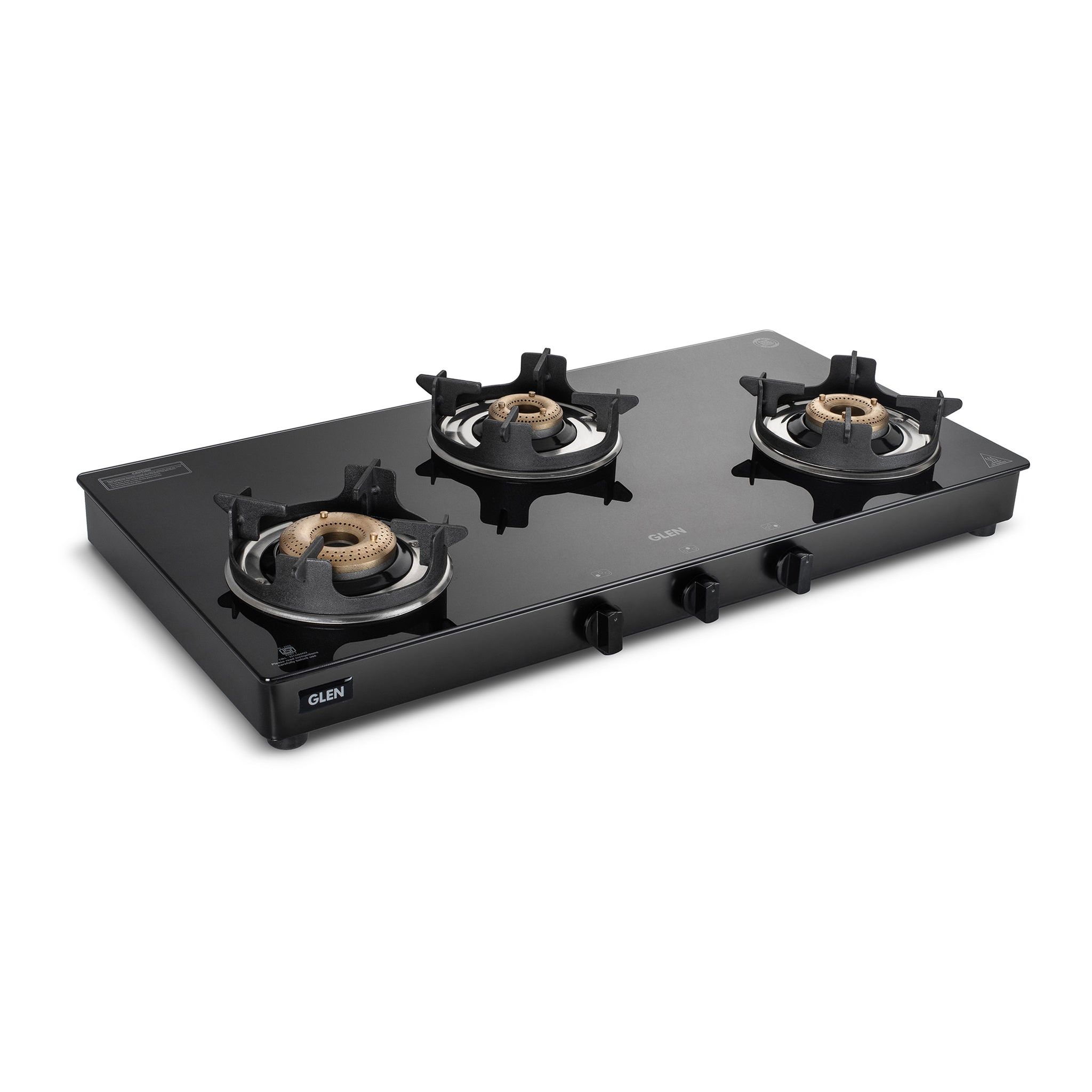 3 Burner Glass Gas Stove with High Flame Brass Burner and Crown Pan Supports (CT1038GTBBBLHFCP) - Manual/Auto Ignition